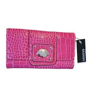 Hot Pink Crocodile Embossed Clutch Or Long Wallet, Tri-Fold